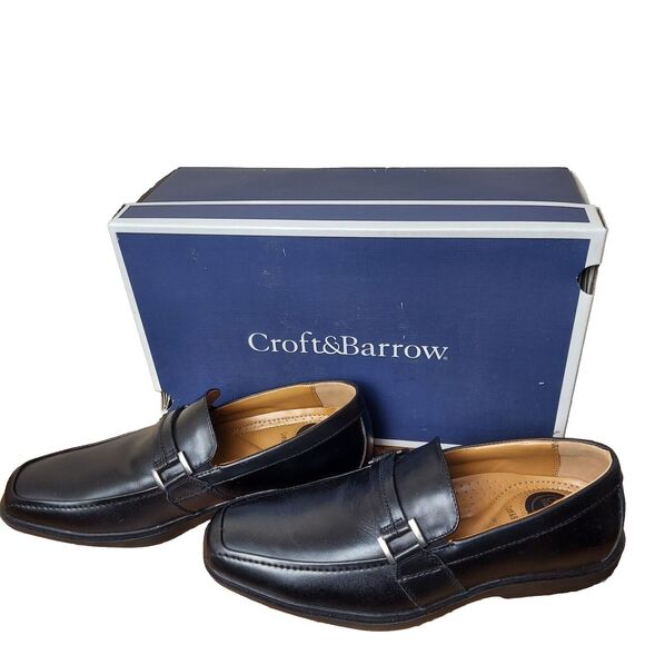 Men's Black Dress Shoes 8 M Croft & Barrow Slip On Oxfords Leather Square Toe - Picture 1 of 10